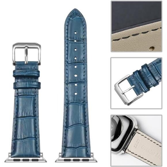 NEW Genuine Crocodile Leather Apple Watch Band Blue/Silver - Picture 2 of 4